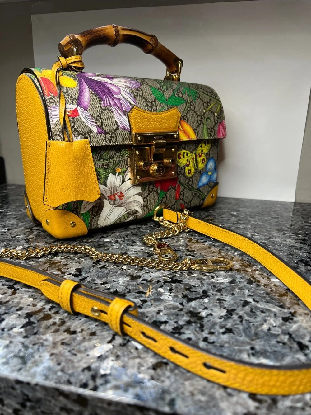 Gucci GG Flora Small Padlock Bamboo Bag Floral Coated Canvas and Yellow Leather - Picture 3 of 16
